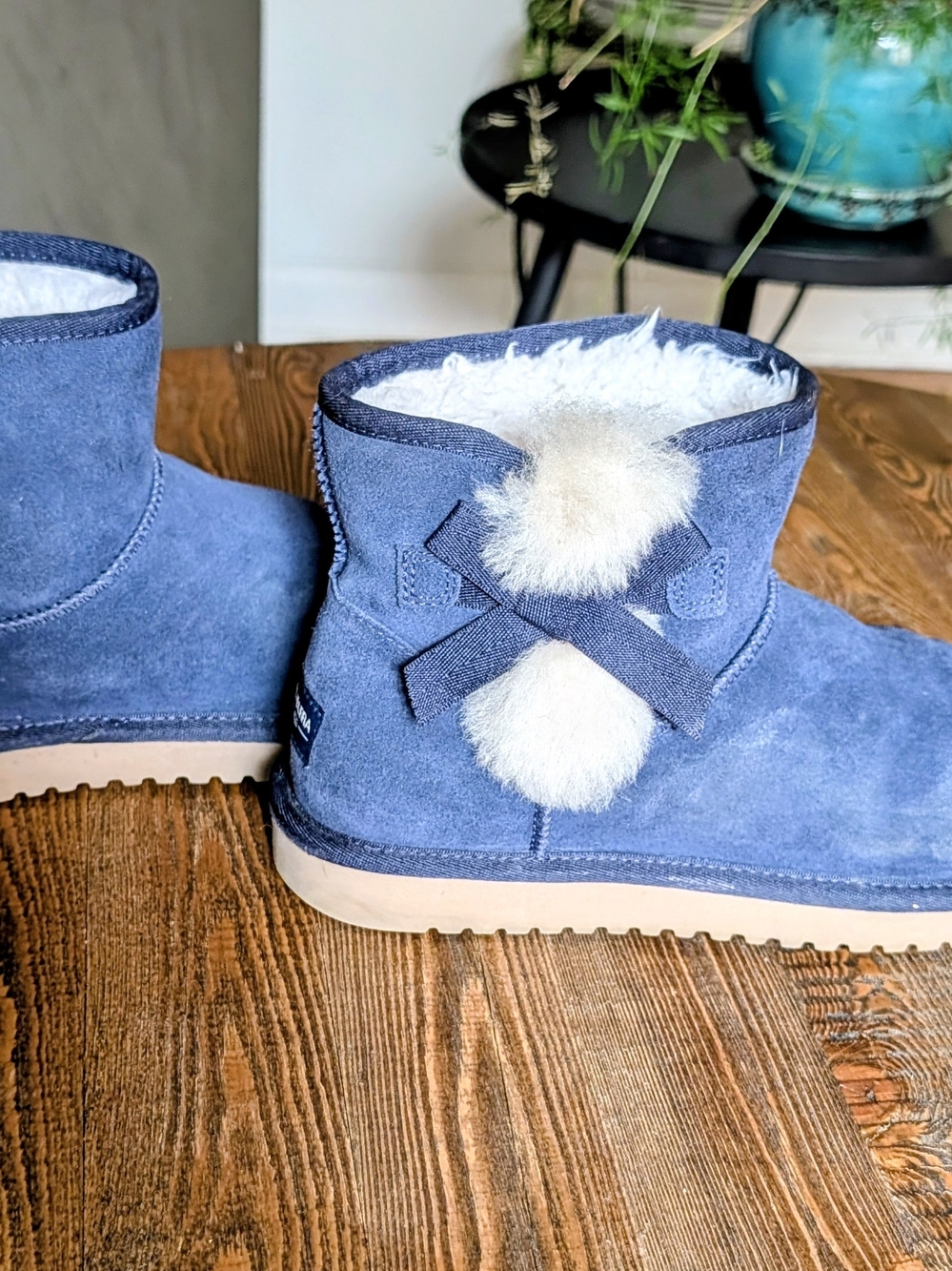 Koolaburra Navy Blue Shearling Pom Ankle Boots